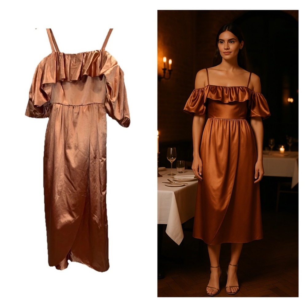 Ulla Johnson Pink Copper Midi Dress Satin Off Shoulder 2 Cocktail Wedding 🟡